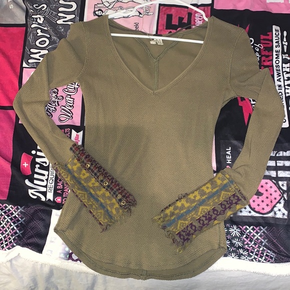 Free people olive green pattern long sleeve waffle v neck top - Picture 1 of 5